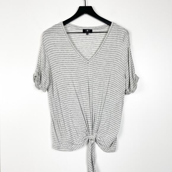 7 For All Mankind Size S Striped V-Neck Knot Tee Shirt Gray Stretchy - Picture 1 of 10